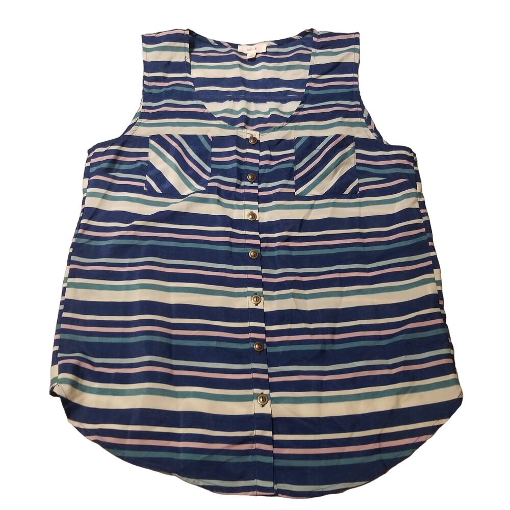 MINE Tank Top Size M Striped Sleeveless Open Tuxedo Back Shirt Blue Pink White